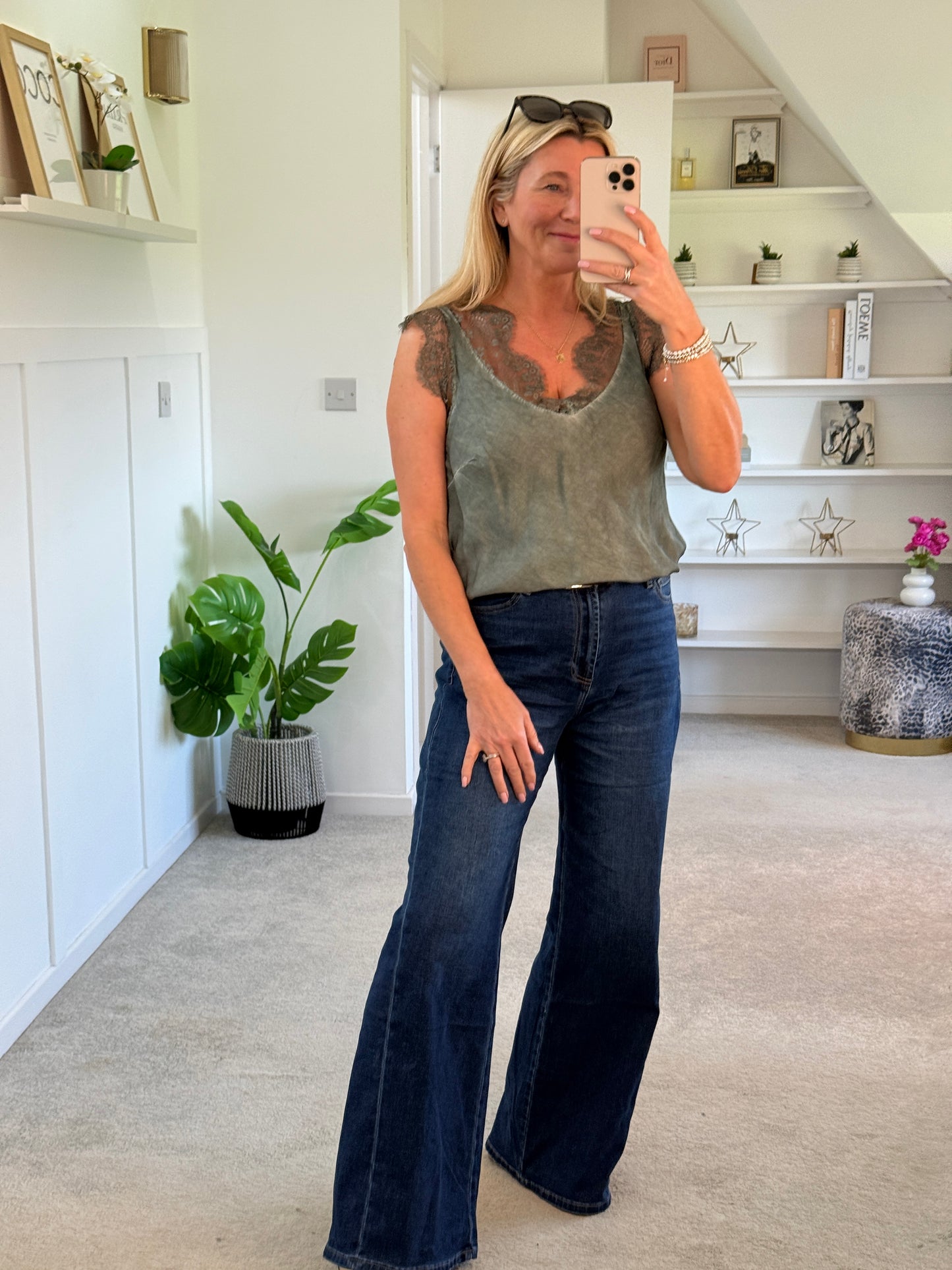 Khaki Satin/Lace V Neck Top