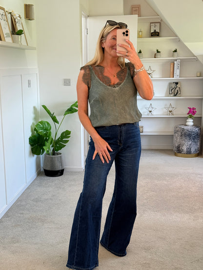 Khaki Satin/Lace V Neck Top