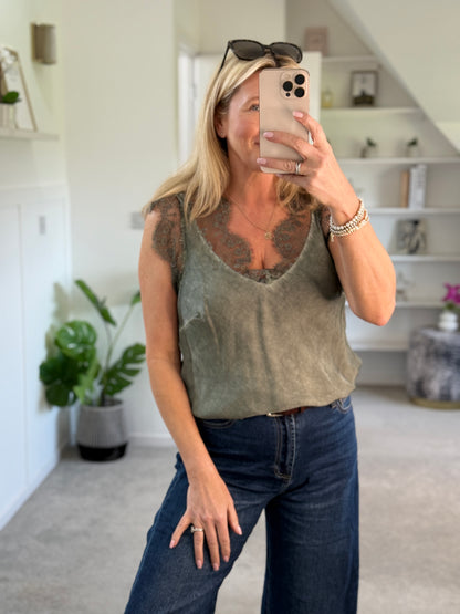 Khaki Satin/Lace V Neck Top