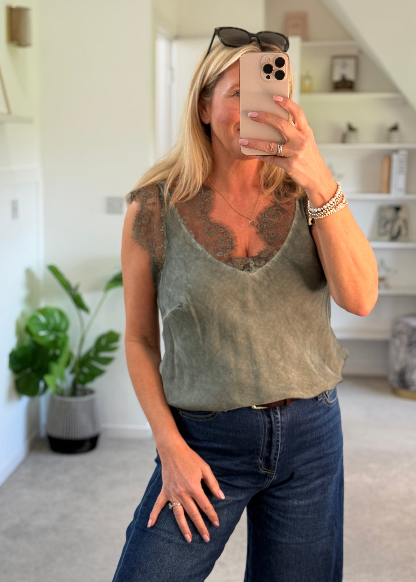 Khaki Satin/Lace V Neck Top