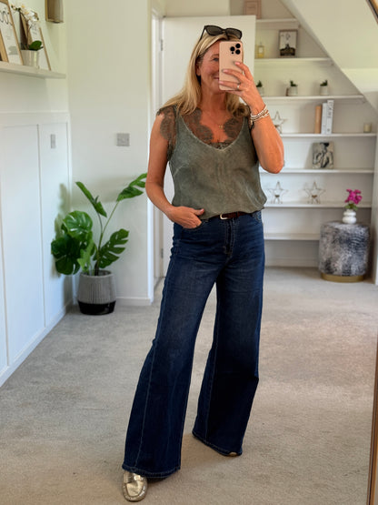 Khaki Satin/Lace V Neck Top