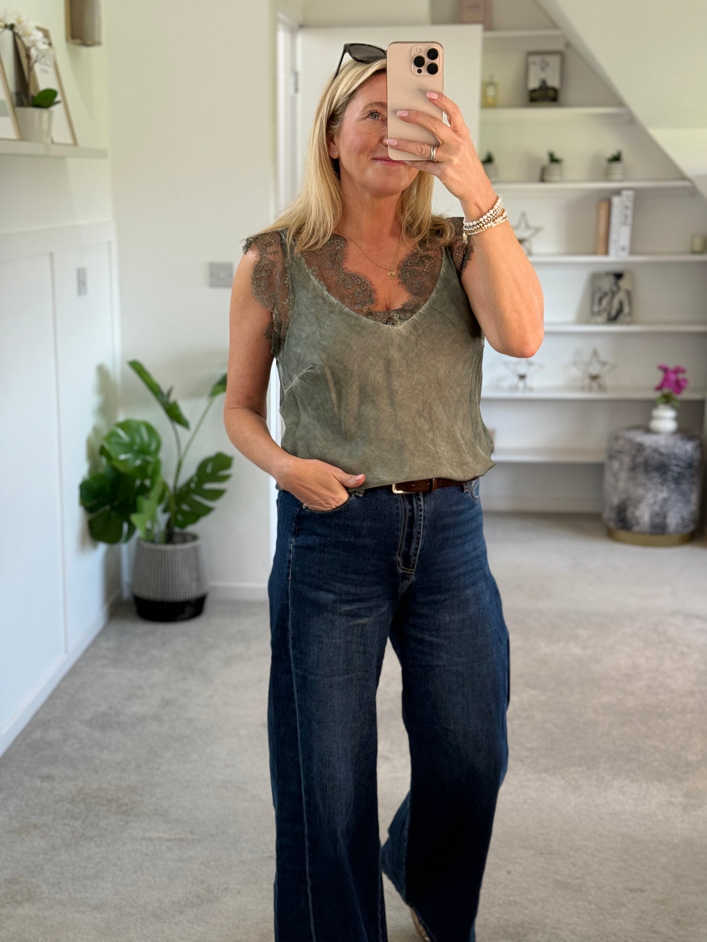Khaki Satin/Lace V Neck Top