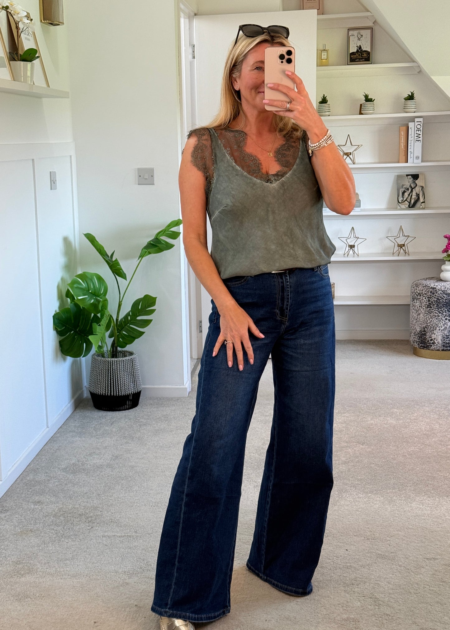 Khaki Satin/Lace V Neck Top