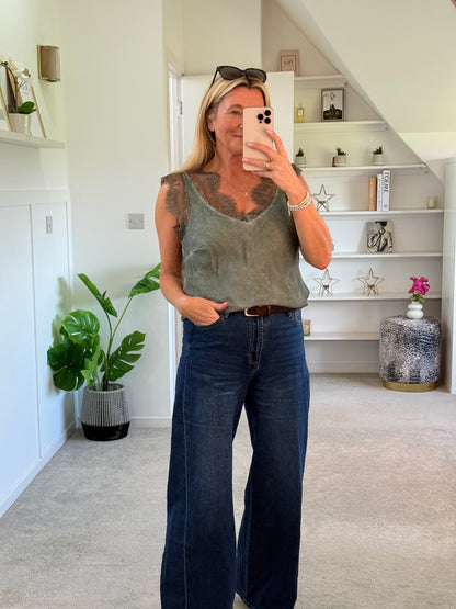 Khaki Satin/Lace V Neck Top