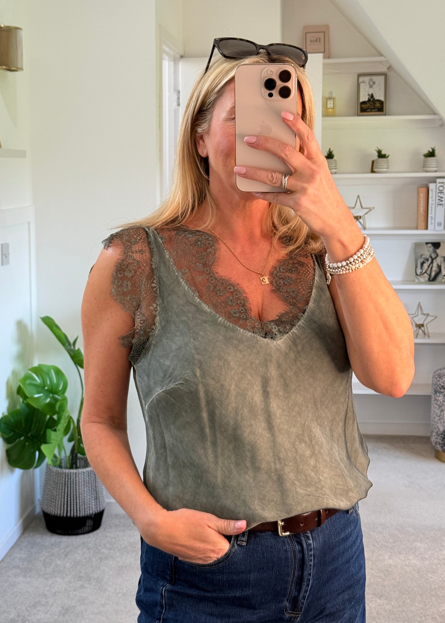 Khaki Satin/Lace V Neck Top