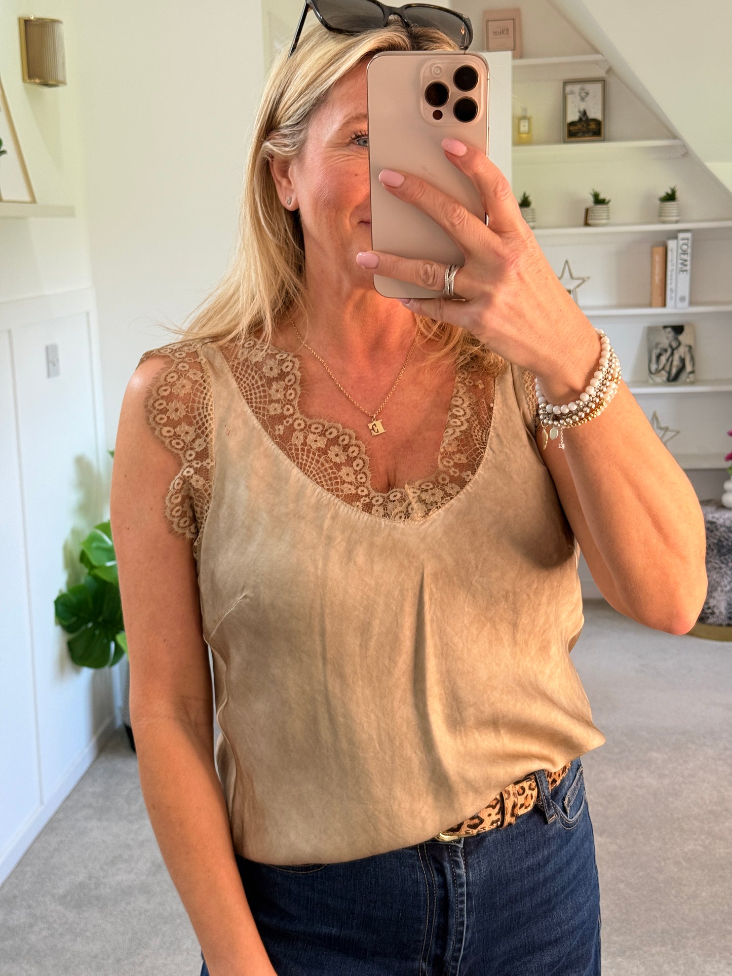 Gold Satin/Lace V Neck Top