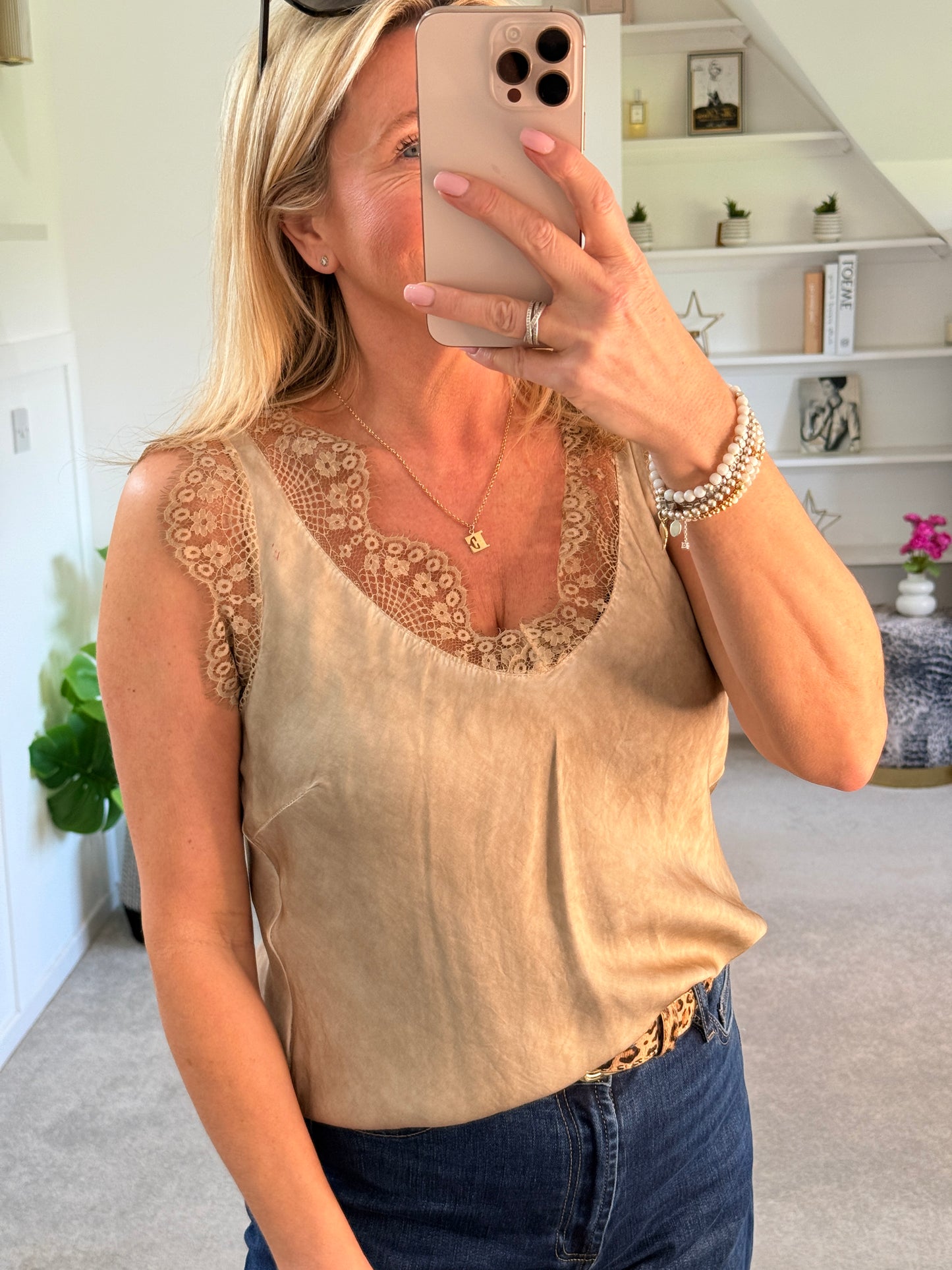 Gold Satin/Lace V Neck Top