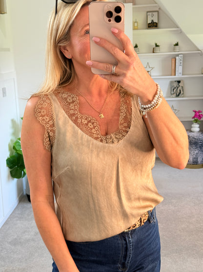 Gold Satin/Lace V Neck Top