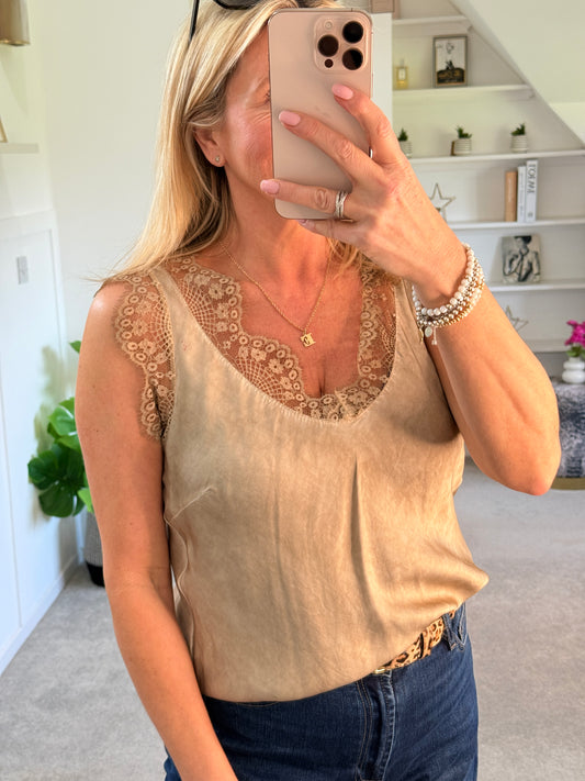 Gold Satin/Lace V Neck Top