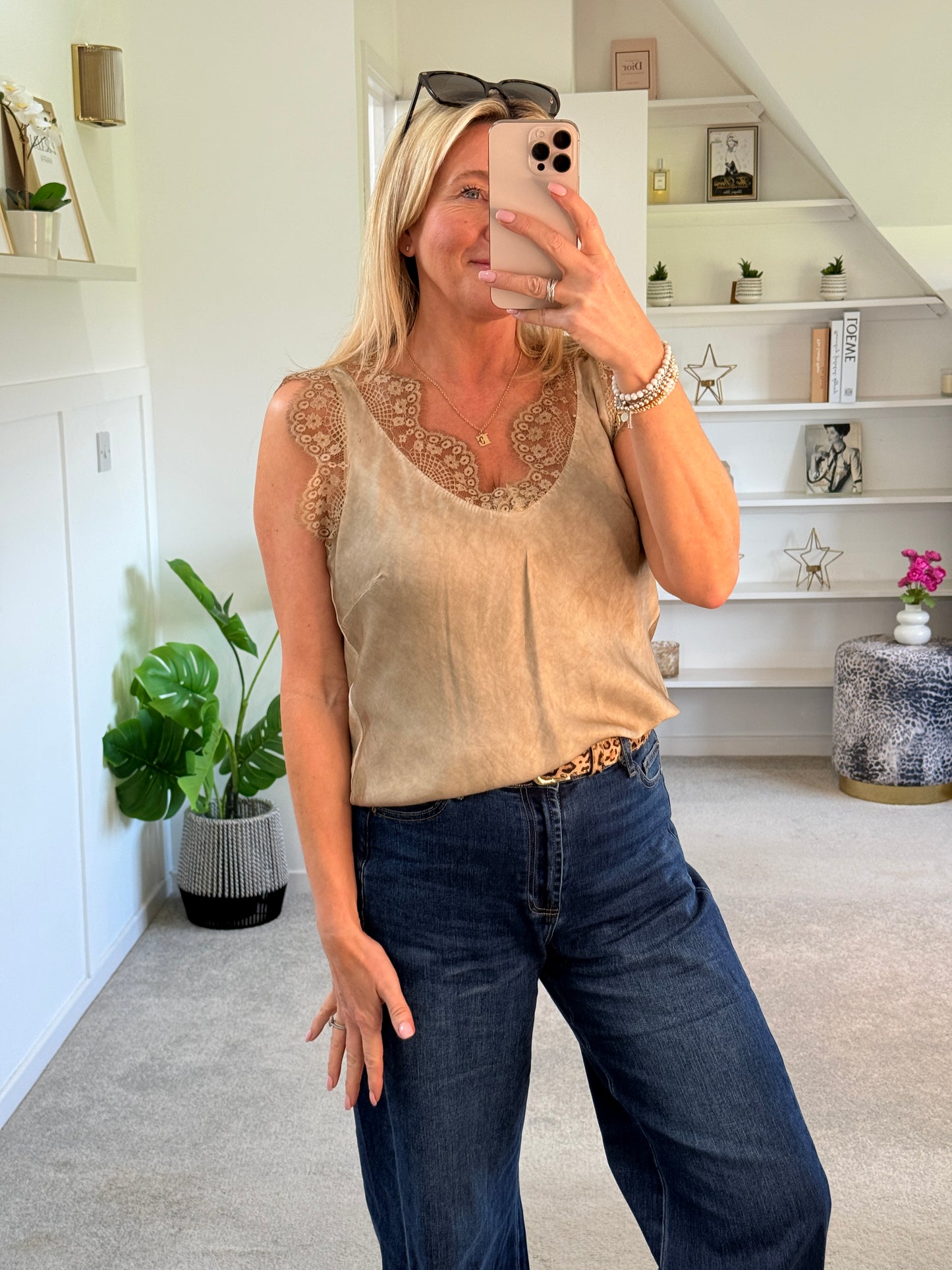 Gold Satin/Lace V Neck Top
