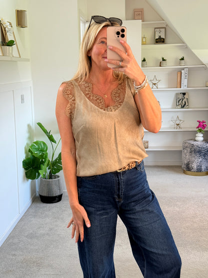 Gold Satin/Lace V Neck Top
