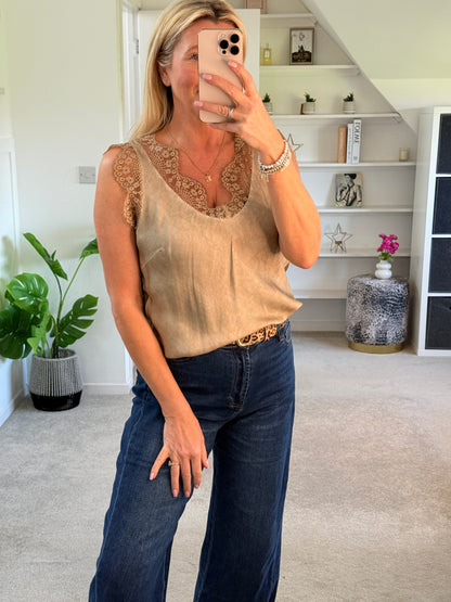 Gold Satin/Lace V Neck Top
