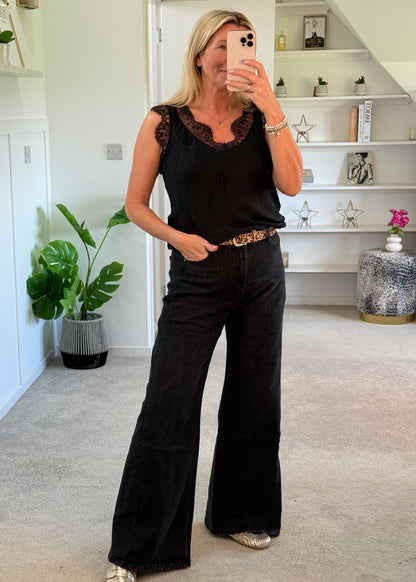 Black Wash Wide Panel Leg Jeans