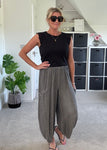 Grey Washed Linen Barrel Pocket Trousers