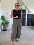 Grey Washed Linen Barrel Pocket Trousers