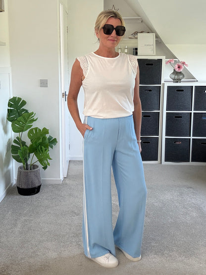 Powder Blue/White Double Stripe Wide Leg Trousers