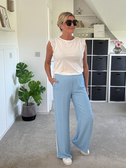 Powder Blue/White Double Stripe Wide Leg Trousers