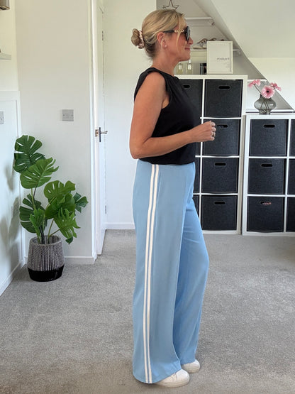 Powder Blue/White Double Stripe Wide Leg Trousers