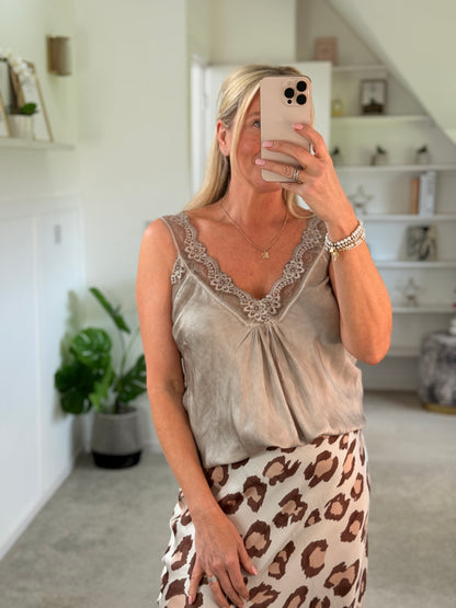 Mocha Satin/Lace Gathered V Neck Top