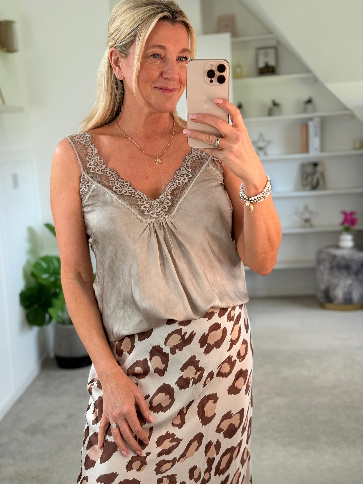 Mocha Satin/Lace Gathered V Neck Top