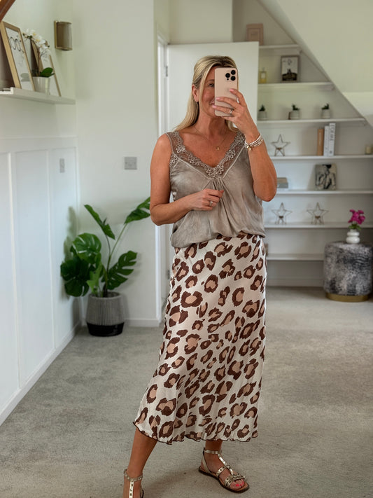 Beige Leopard Satin Slip Skirt