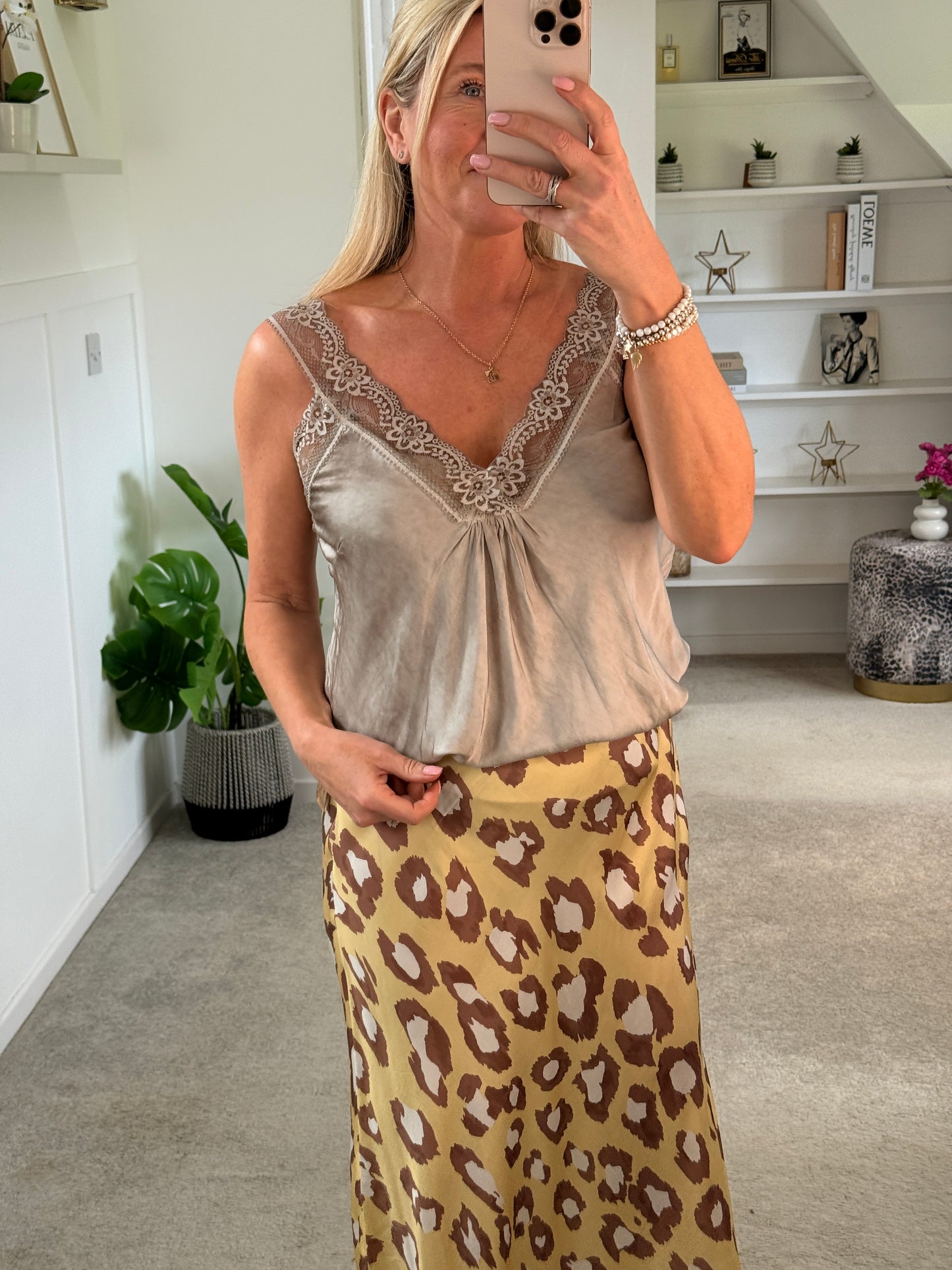 Mocha Satin/Lace Gathered V Neck Top