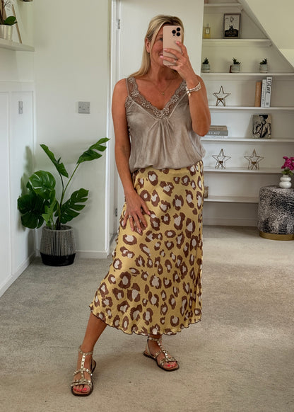 Mocha Satin/Lace Gathered V Neck Top