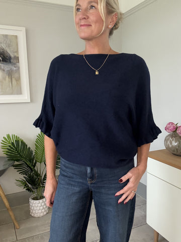 Navy Frill Sleeve Batwing Jumper