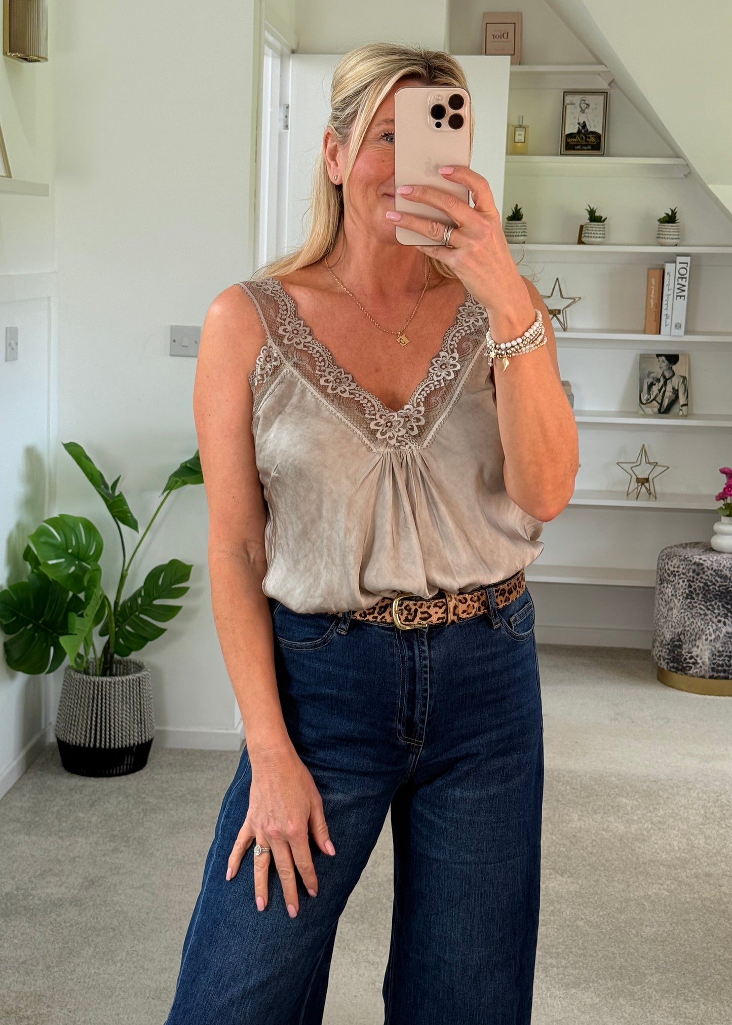 Mocha Satin/Lace Gathered V Neck Top