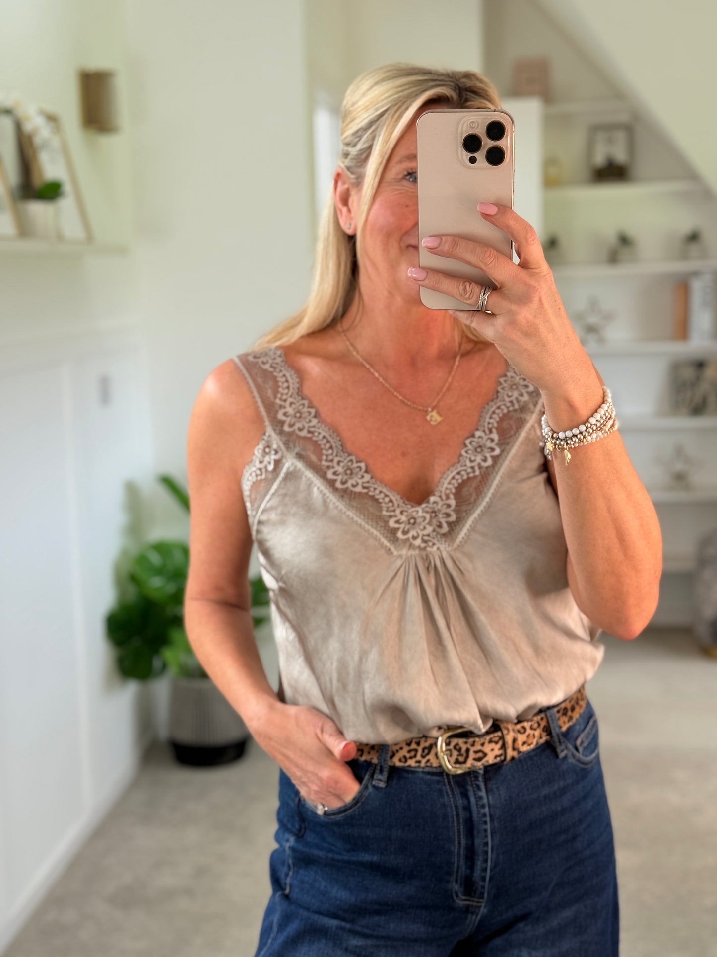 Mocha Satin/Lace Gathered V Neck Top