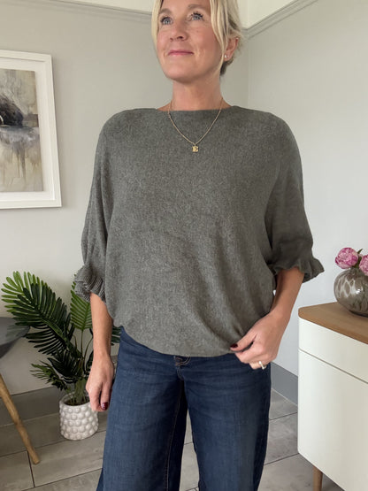 Navy Frill Sleeve Batwing Jumper
