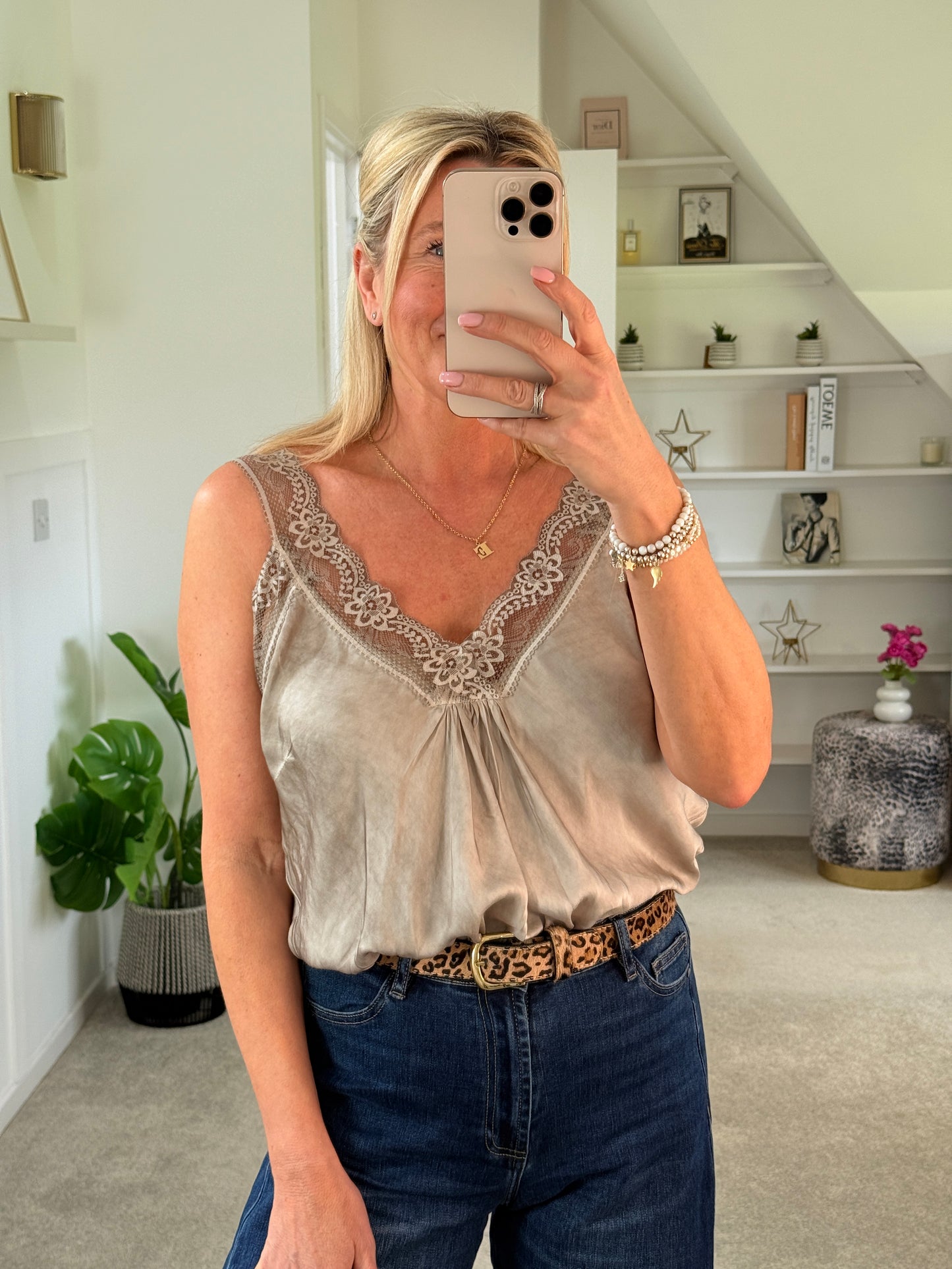 Mocha Satin/Lace Gathered V Neck Top