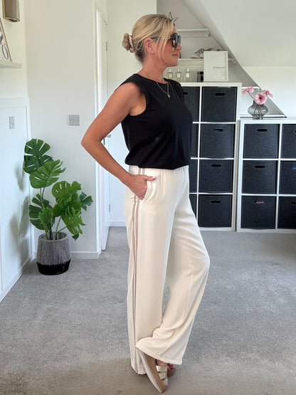 Cream/Mocha Double Stripe Wide Leg Trousers