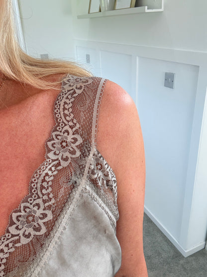 Mocha Satin/Lace Gathered V Neck Top