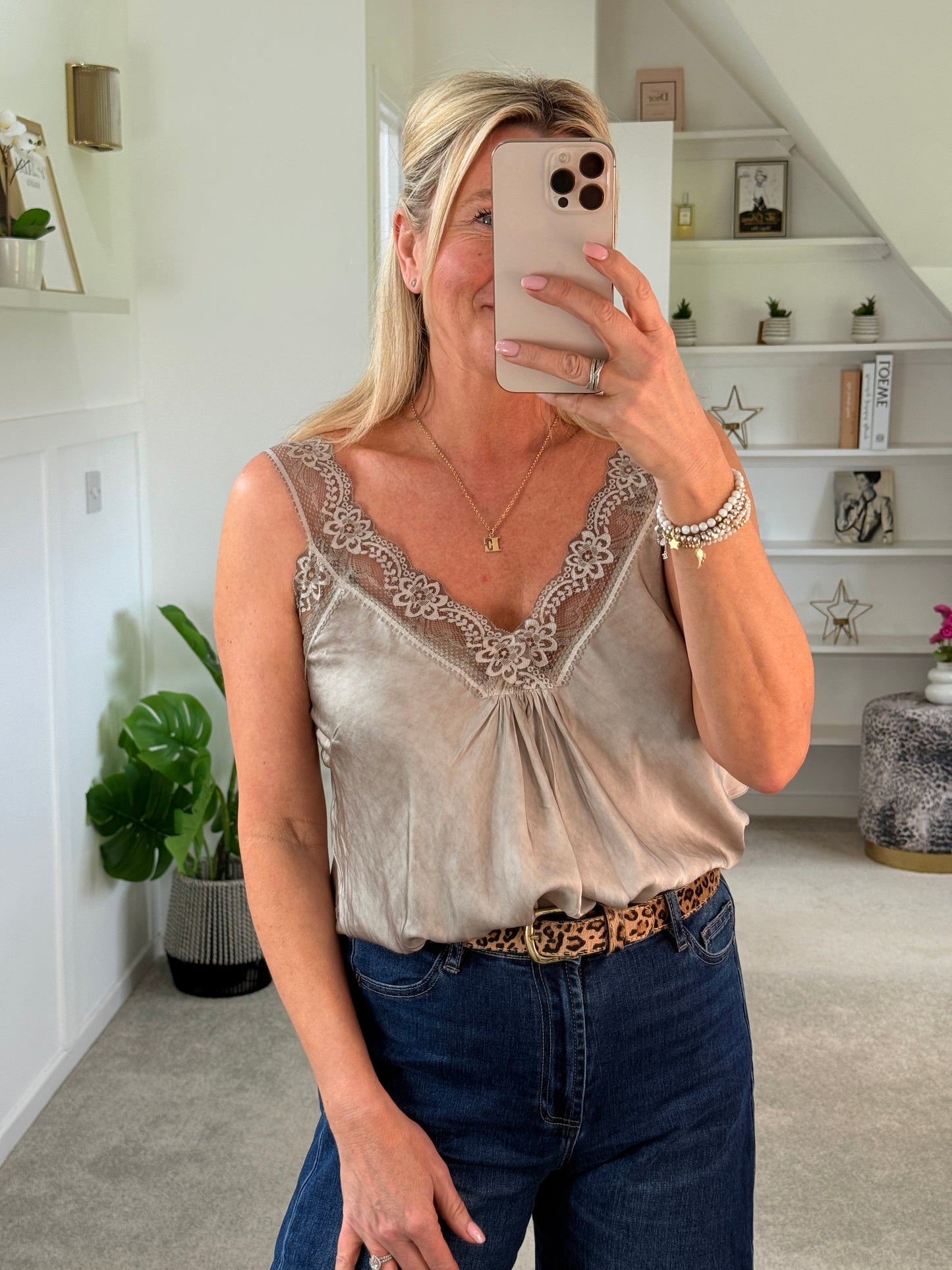 Mocha Satin/Lace Gathered V Neck Top