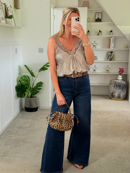 Mocha Satin/Lace Gathered V Neck Top