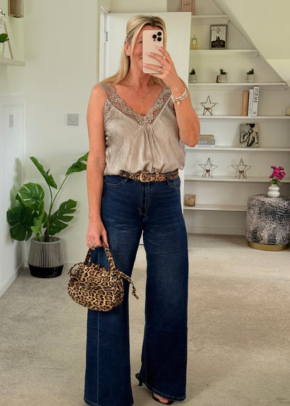 Mocha Satin/Lace Gathered V Neck Top