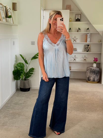 Light Blue Satin/Lace Gathered V Neck Top