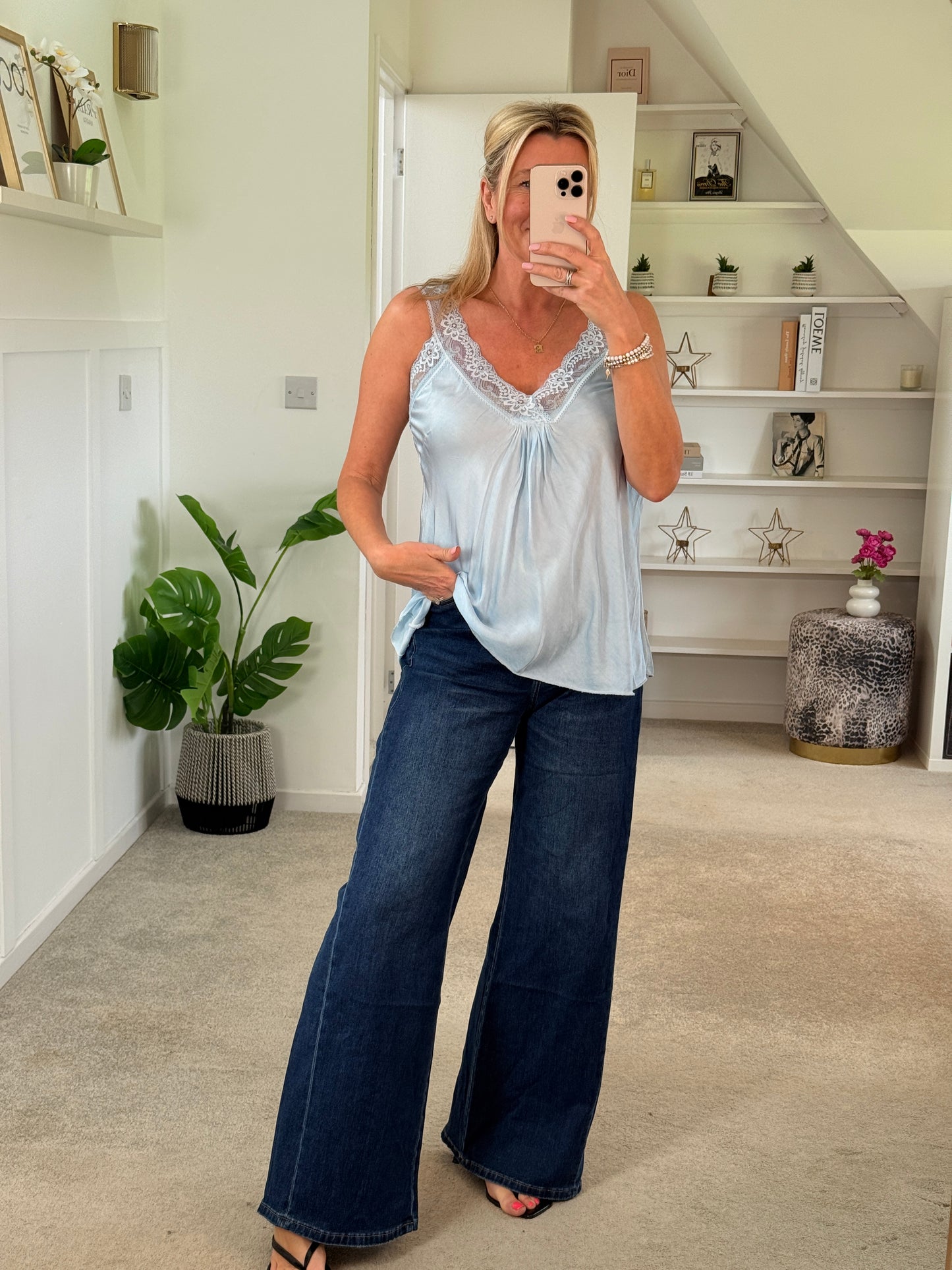 Light Blue Satin/Lace Gathered V Neck Top