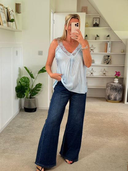 Light Blue Satin/Lace Gathered V Neck Top