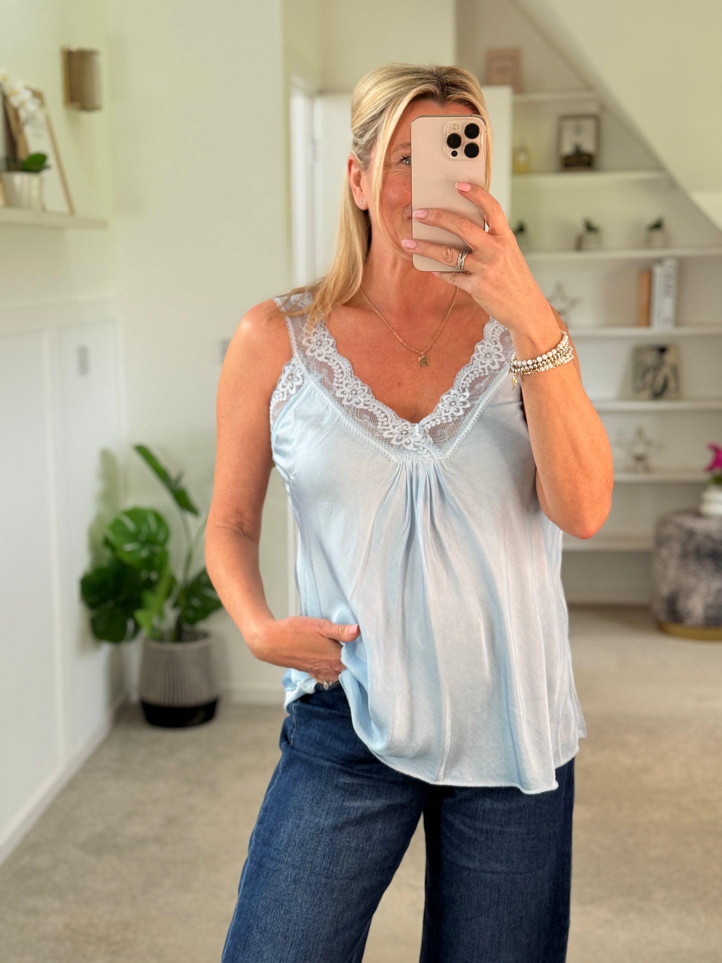 Light Blue Satin/Lace Gathered V Neck Top