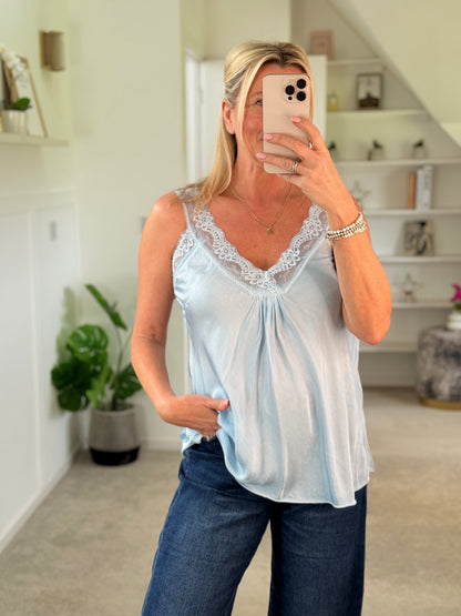 Light Blue Satin/Lace Gathered V Neck Top
