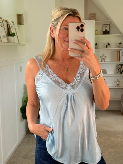 Light Blue Satin/Lace Gathered V Neck Top