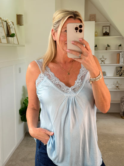 Light Blue Satin/Lace Gathered V Neck Top