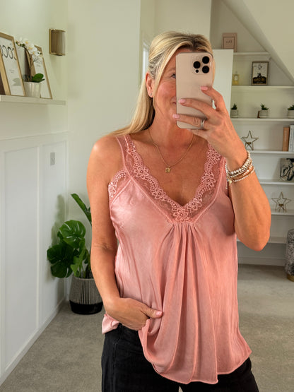 Light Coral Satin/Lace Gathered V Neck Top
