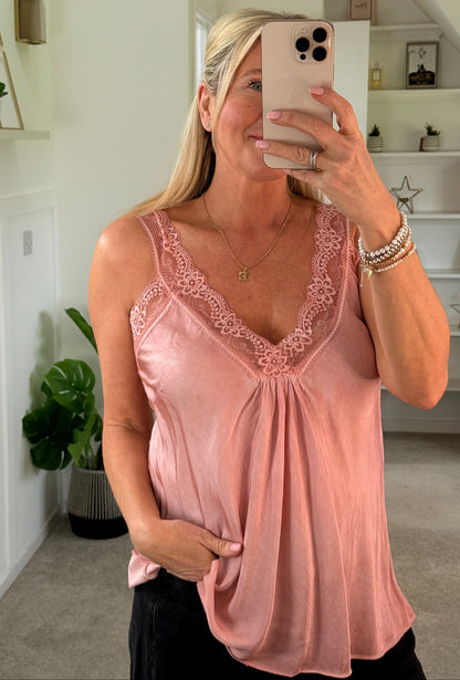 Light Coral Satin/Lace Gathered V Neck Top
