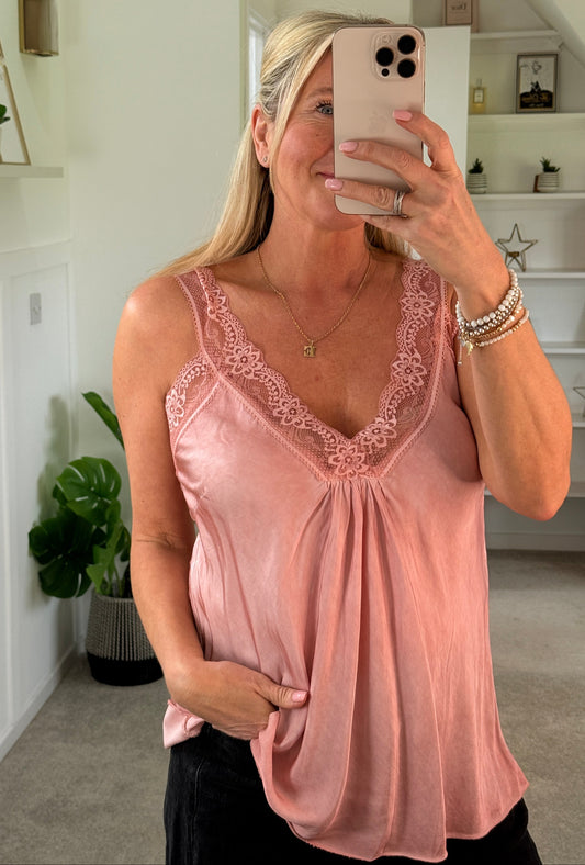Light Coral Satin/Lace Gathered V Neck Top