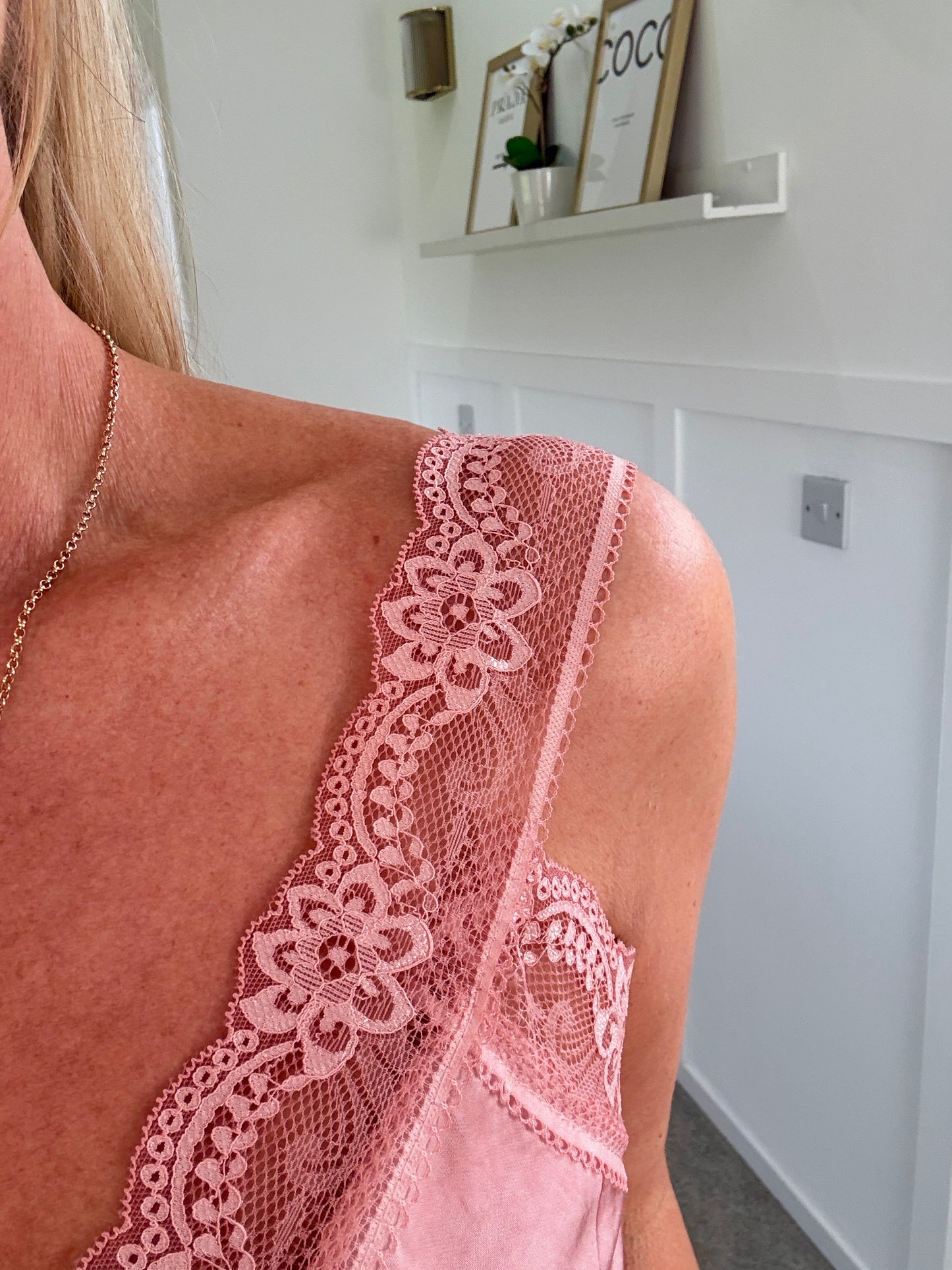 Light Coral Satin/Lace Gathered V Neck Top