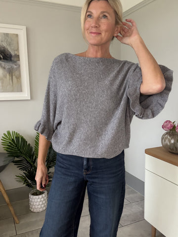 Grey Frill Sleeve Batwing Jumper