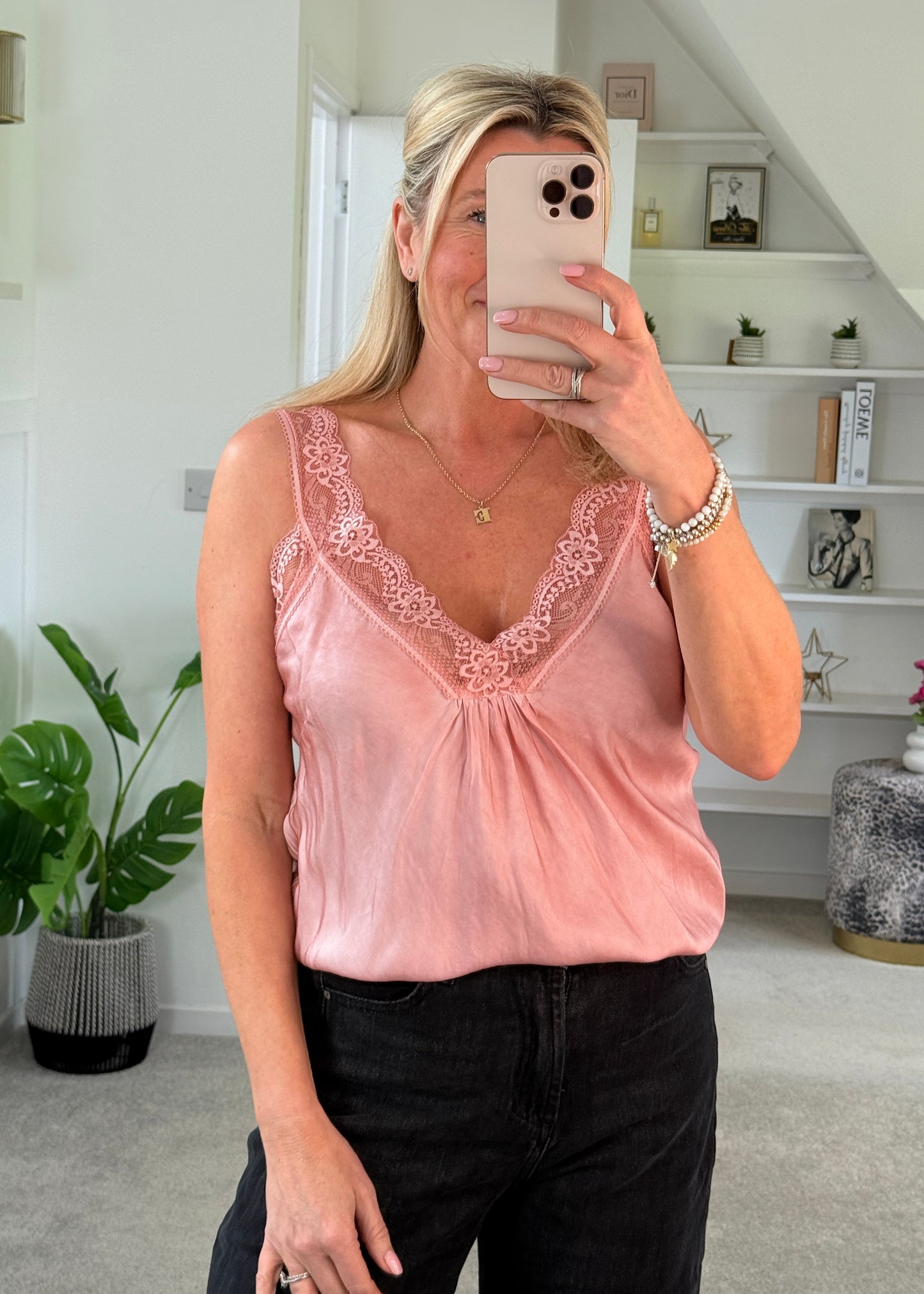 Light Coral Satin/Lace Gathered V Neck Top